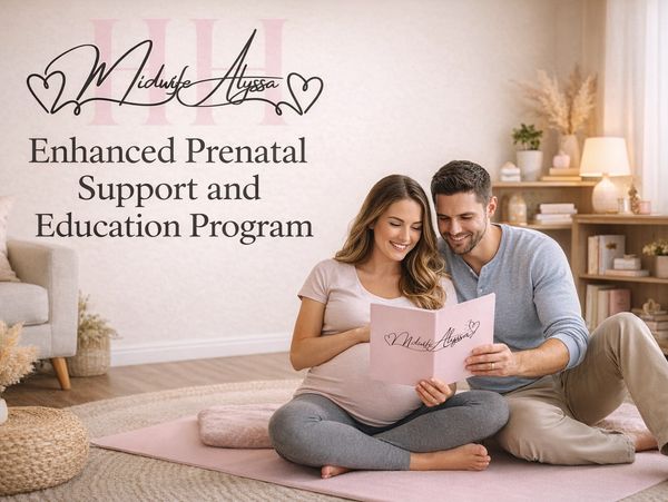 Pregnant couple reading Midwife Alyssa's prenatal support and education program at home.