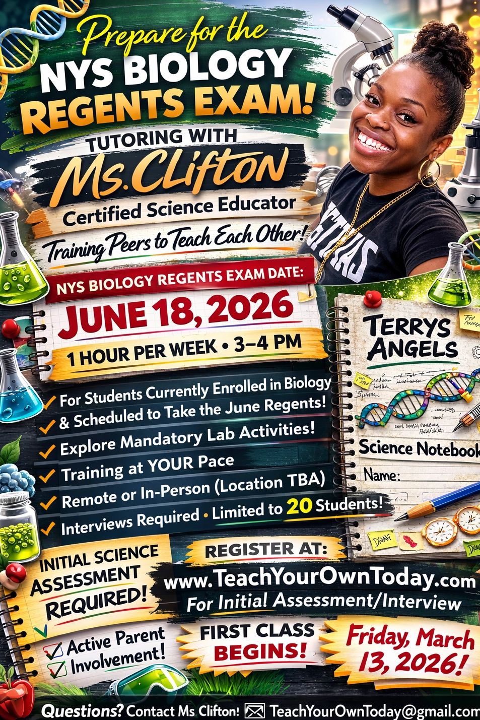 Ms. Clifton offers NYS Biology Regents tutoring starting March 13, 2026, with classes on June 18, 2026.