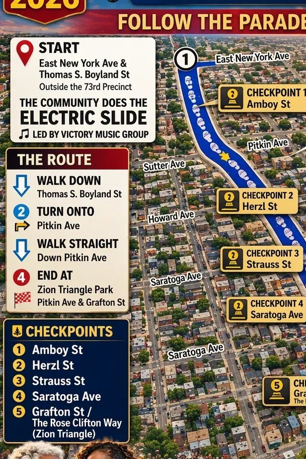 Map of a community parade route featuring checkpoints and the Electric Slide dance start.