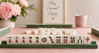 Mahjong tiles arranged on a green rack.