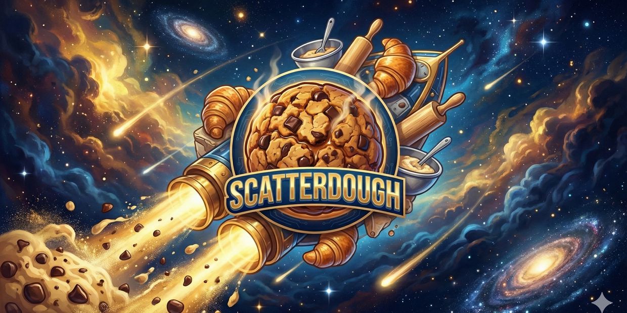 Image of a rocket ship roaring through space with pastries stuck to it leaving a cookie planet