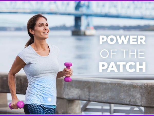 Woman exercising outdoors with dumbbells and text 'Power of the Patch'.