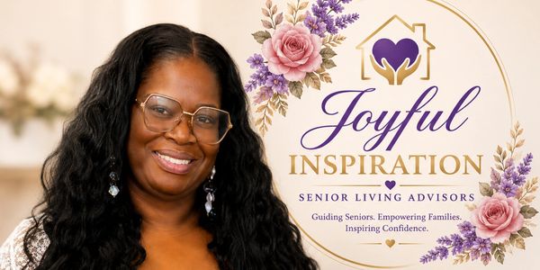 Smiling woman with floral design and Joyful Inspiration Senior Living Advisors logo.