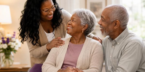 Three generations of a family smiling and enjoying time together indoors.