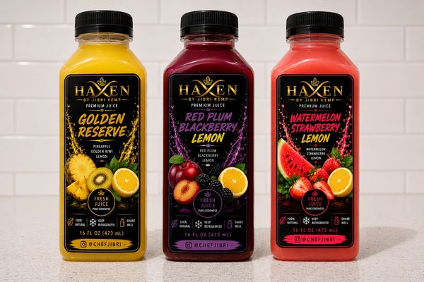 Three bottles of premium fruit juices with distinct flavors.