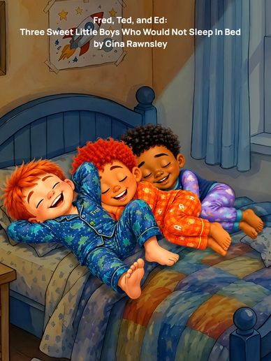 Three boys happily lying in bed together in pajamas.