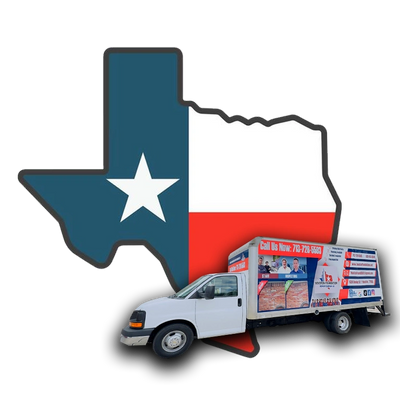 A service truck with Texas flag backdrop shaped like the state of Texas.