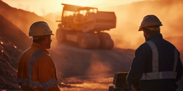 Two men in hard hats talking on a civil excavation job