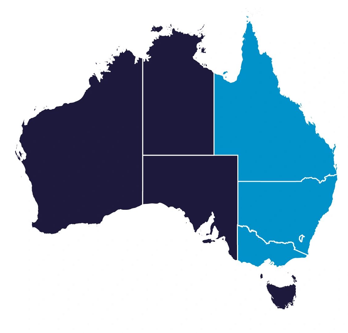 Image of DBF Civil Service Areas showing map of Australia with QLD, NSW, ACT and VIC highlighted