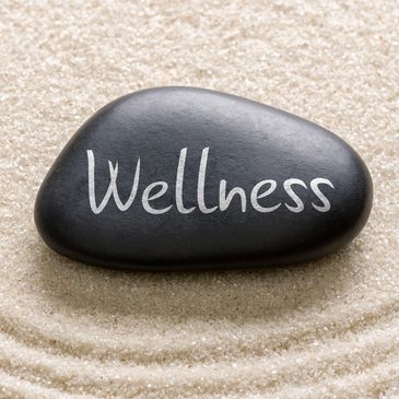 Wellness written on a rock kept on the brown color sand