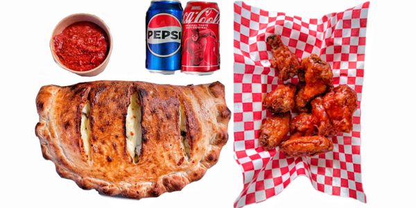 Calzone, buffalo wings, two soda cans, and marinara sauce.