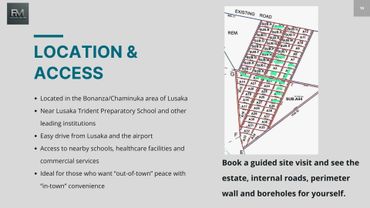 Slide detailing location, access, and site visit benefits for a property in Lusaka. 📞 Call/WhatsApp: +260 972 089 624 for viewing
