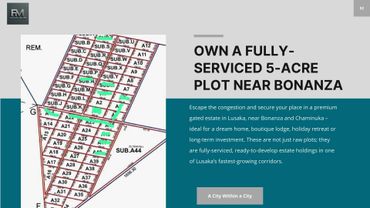 Map and advertisement for 5-acre serviced plots near Bonanza in Lusaka's gated estate.