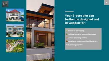 Modern architectural designs suggesting various development options for a 5-acre plot.
