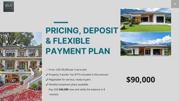 Real estate pricing and flexible payment plan details with property images.
