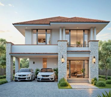 Modern two-story house with stone pillars and two cars in the driveway.