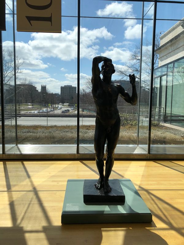 A statue in black color in front of glass walls
