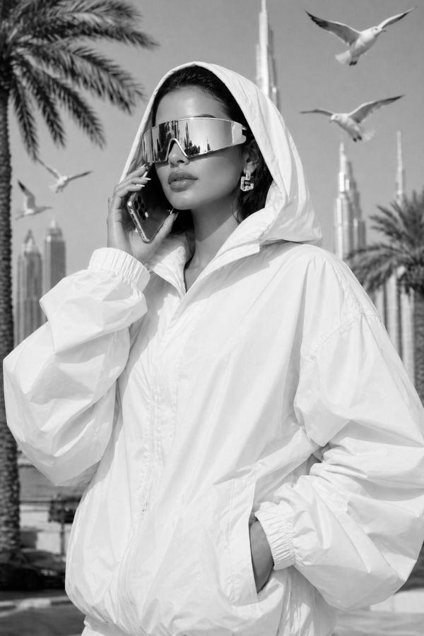 Fashionable woman in white jacket with futuristic sunglasses in an urban setting.