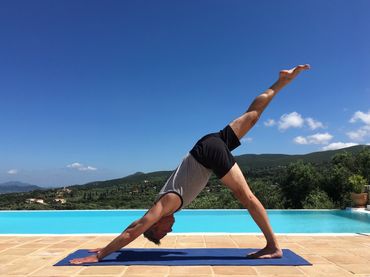 yoga practice by the pool in Greece