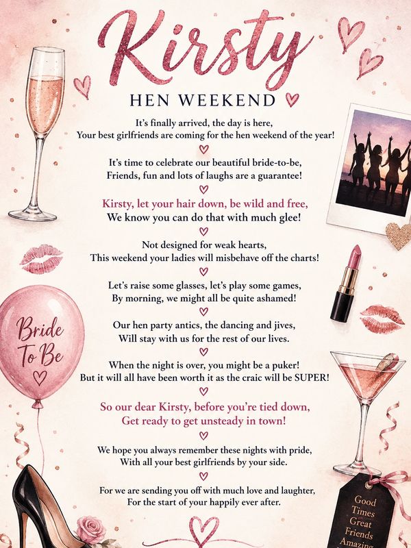 Hen party poem with graphics of champagne, love hearts and bride to be balloons.