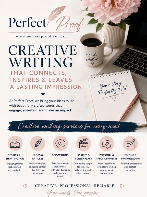 Creative writing services offered by ww.perfectproof.com.au. White,blue, pink and blush background.