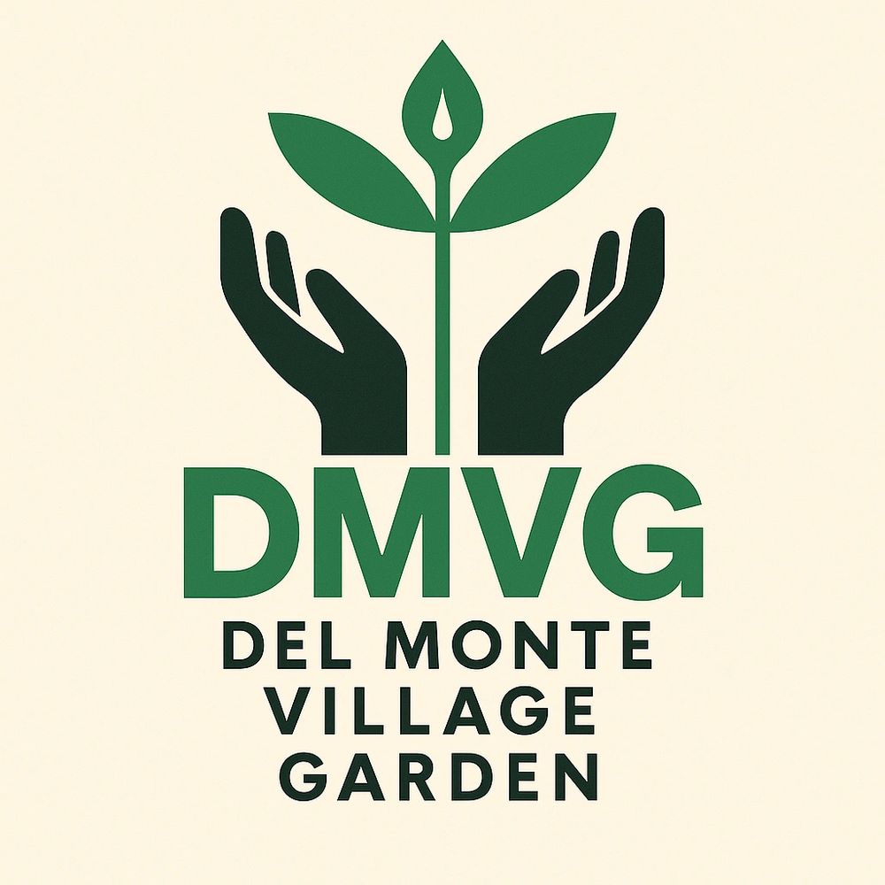 Logo of Del Monte Village Garden featuring hands and a plant.