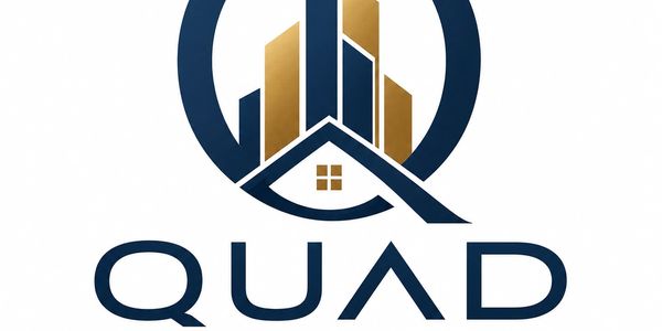Modern logo featuring buildings and a house for Quad Solutions.