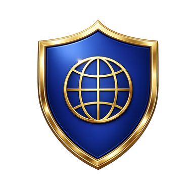 Blue and gold shield with a globe symbol.