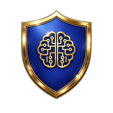 Gold brain on blue shield emblem.