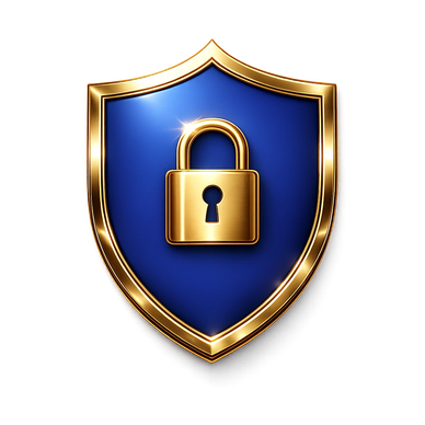Gold padlock on blue shield symbolizing security.
