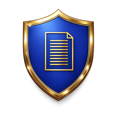 Blue shield with a gold document icon.
