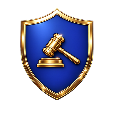 Golden gavel on blue shield.