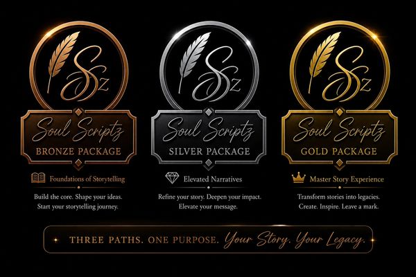 Soul Scriptz offers Bronze, Silver, and Gold storytelling packages with unique benefits.