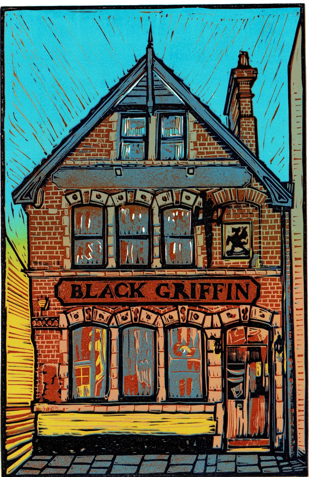 Illustration of the Black Griffin pub with bright colors and detailed brickwork.
