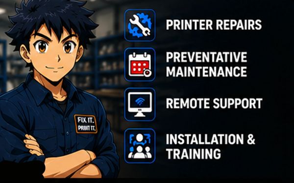 Technician offering printer repair and support services.