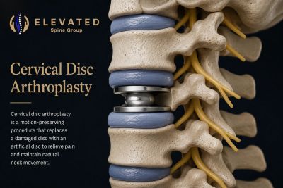 Cervical Disc Arthroplasty explained with spinal model.