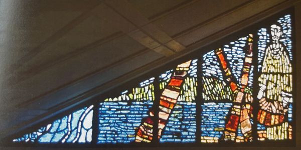 images of water, intersecting palm trees, disciple offering bread