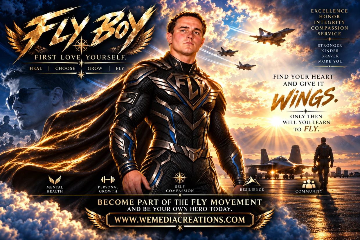 Fly Boy motivational poster with superhero and fighter jets.