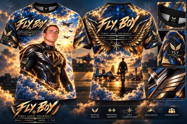 T-shirt design featuring a heroic flyboy with inspiring messages and aviation themes.