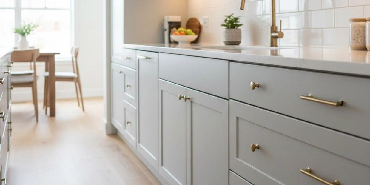 Modern kitchen with light gray cabinets and gold fixtures. cabinet refinishing, professional painters