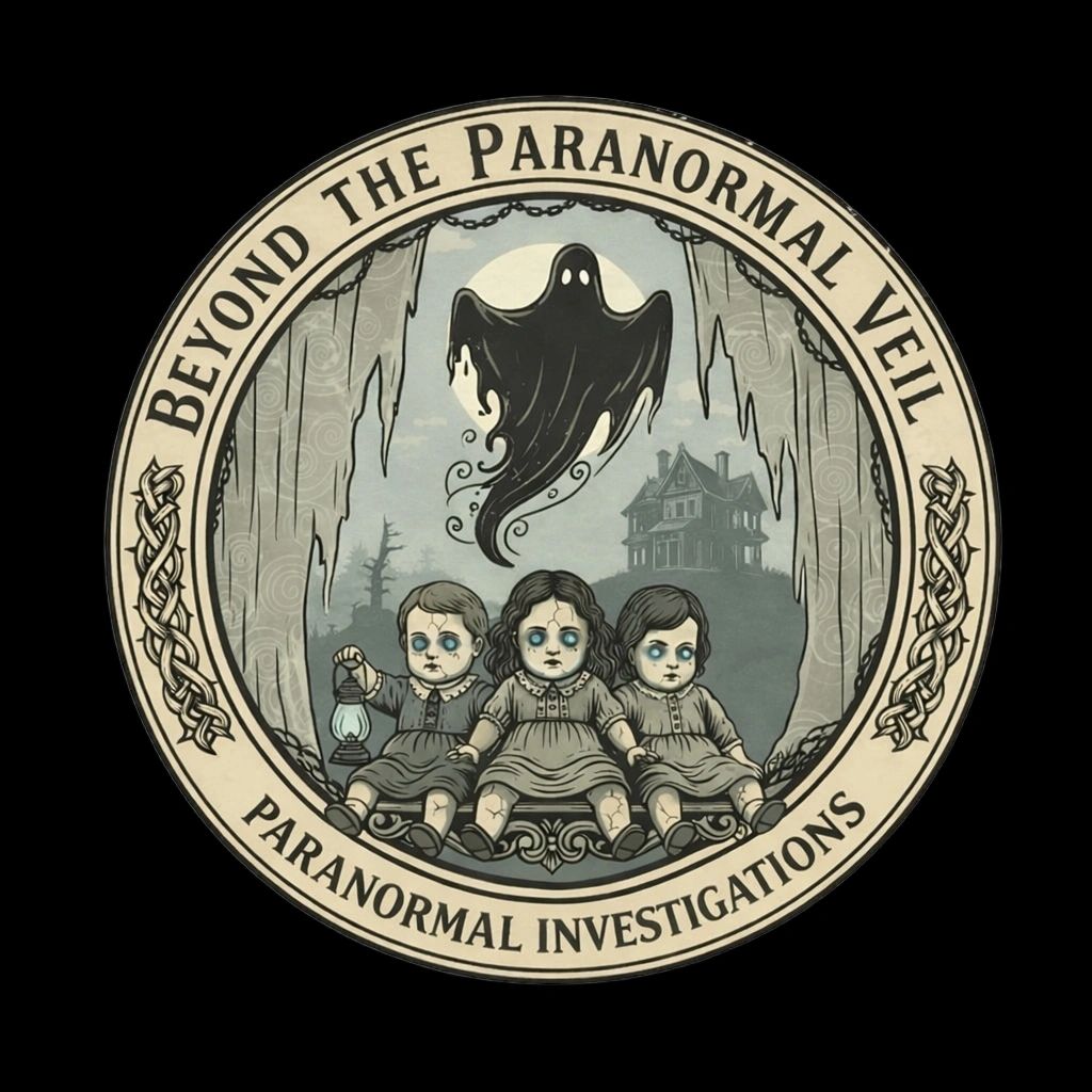 Logo of a paranormal investigation group featuring ghostly children and a haunted house.