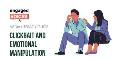 Illustration of media literacy guide on clickbait and emotional manipulation with supportive figures.