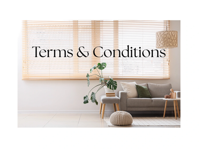 Modern living room with text 'Terms & Conditions' on window blinds.