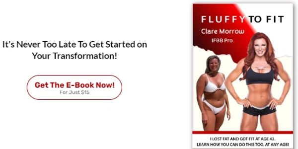 E-book ad for a fitness transformation by Clare Morrow, showing before and after photos.