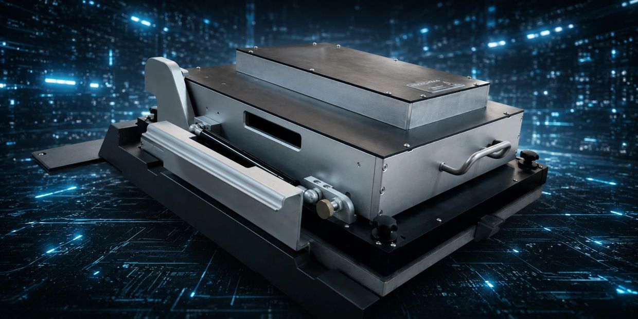 High-tech metallic device on a digital futuristic background.