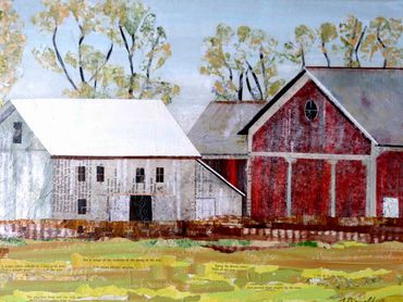 collage artwork group of old barns on a farm