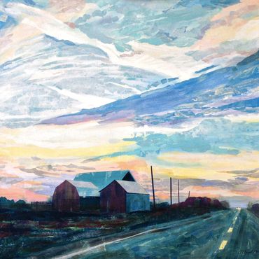 collage art of jet trails in a blue sky at dusk with barns