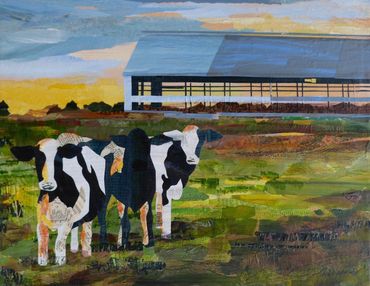 collage artwork of cows in a field by a barn