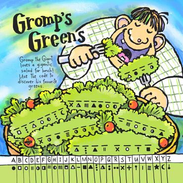 word puzzle of giant eating a huge green salad