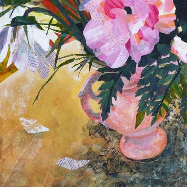 collage art of pink peonies in vase